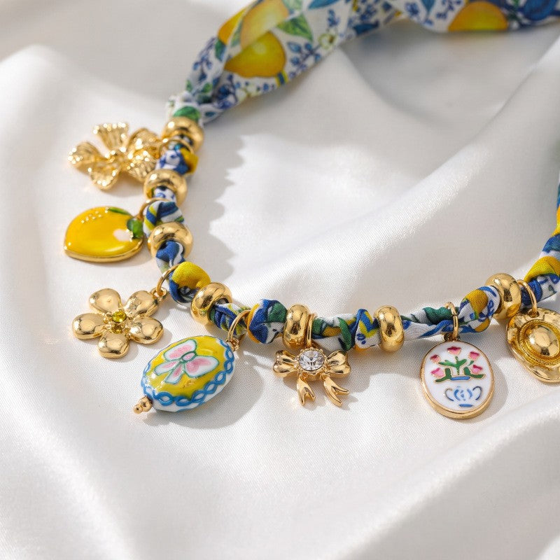 Boho Lemon Print Ribbon Charm Necklace