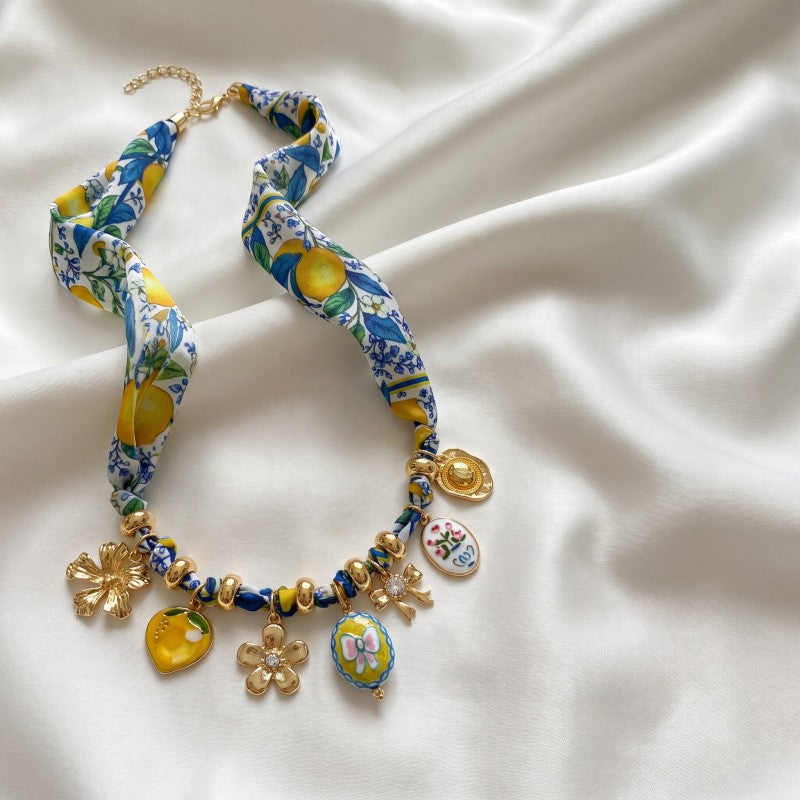 Boho Lemon Print Ribbon Charm Necklace