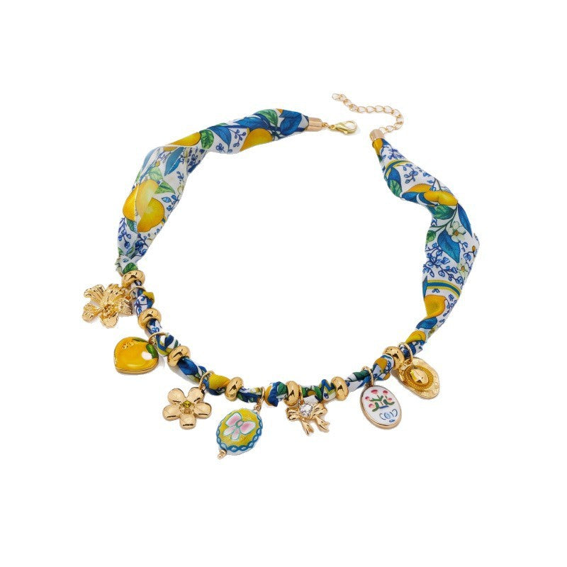 Boho Lemon Print Ribbon Charm Necklace