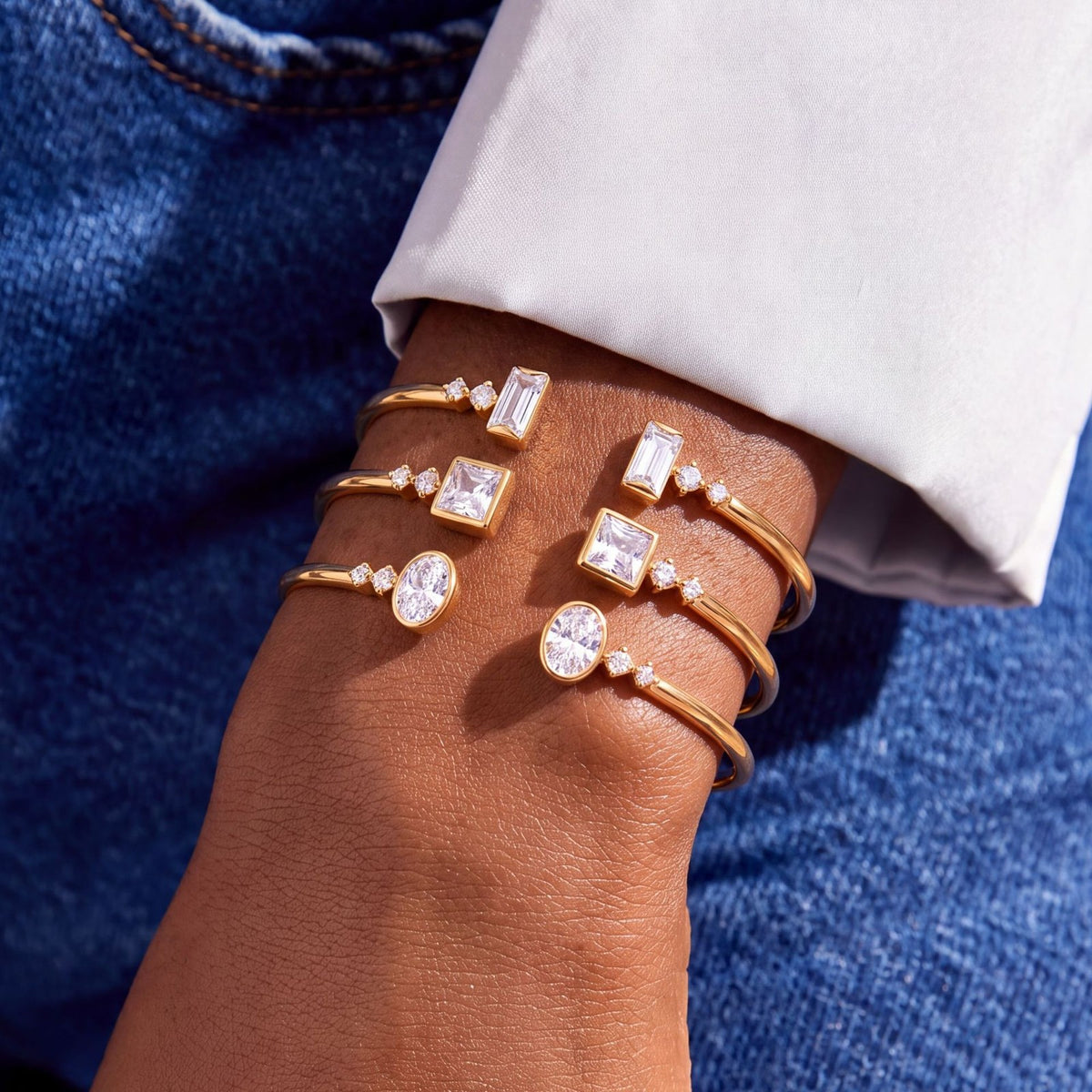 Classy Mixed Cut CZ Cuff Bracelet Set