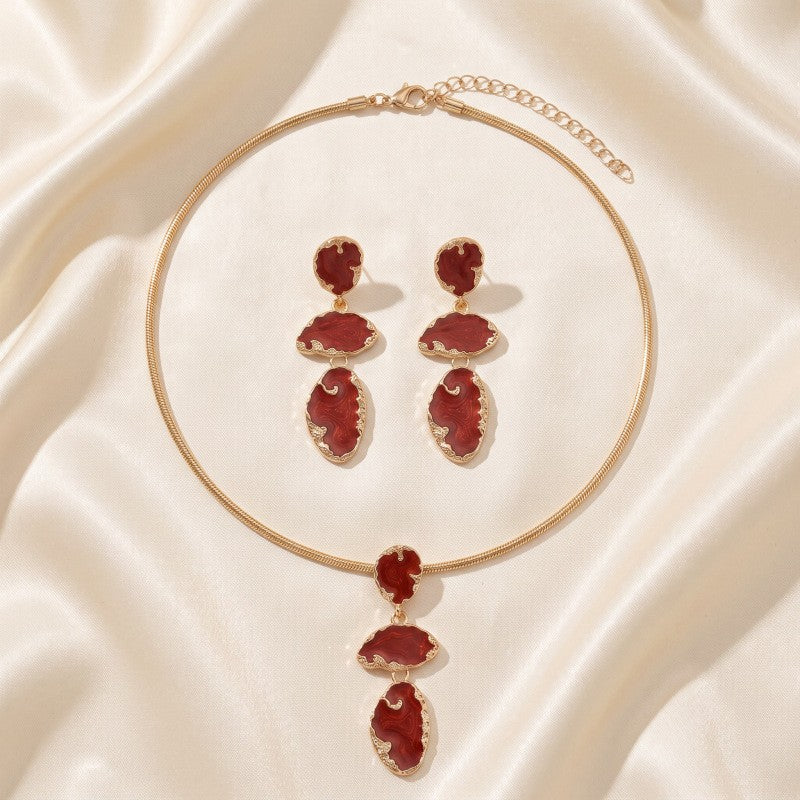 Classy Wine Red Enamel Necklace & Earring Set