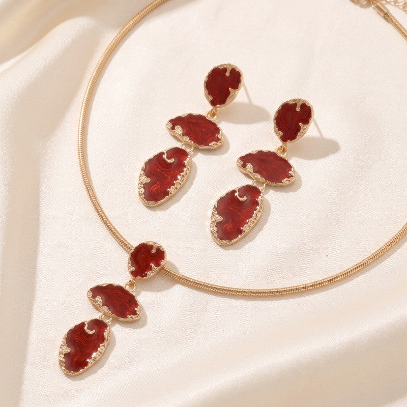 Classy Wine Red Enamel Necklace & Earring Set