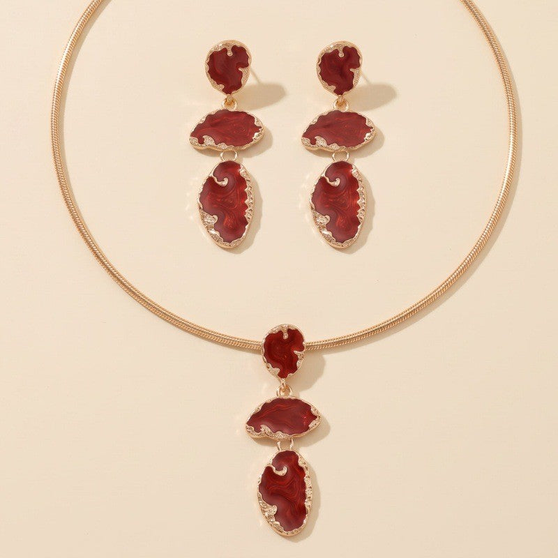 Classy Wine Red Enamel Necklace & Earring Set