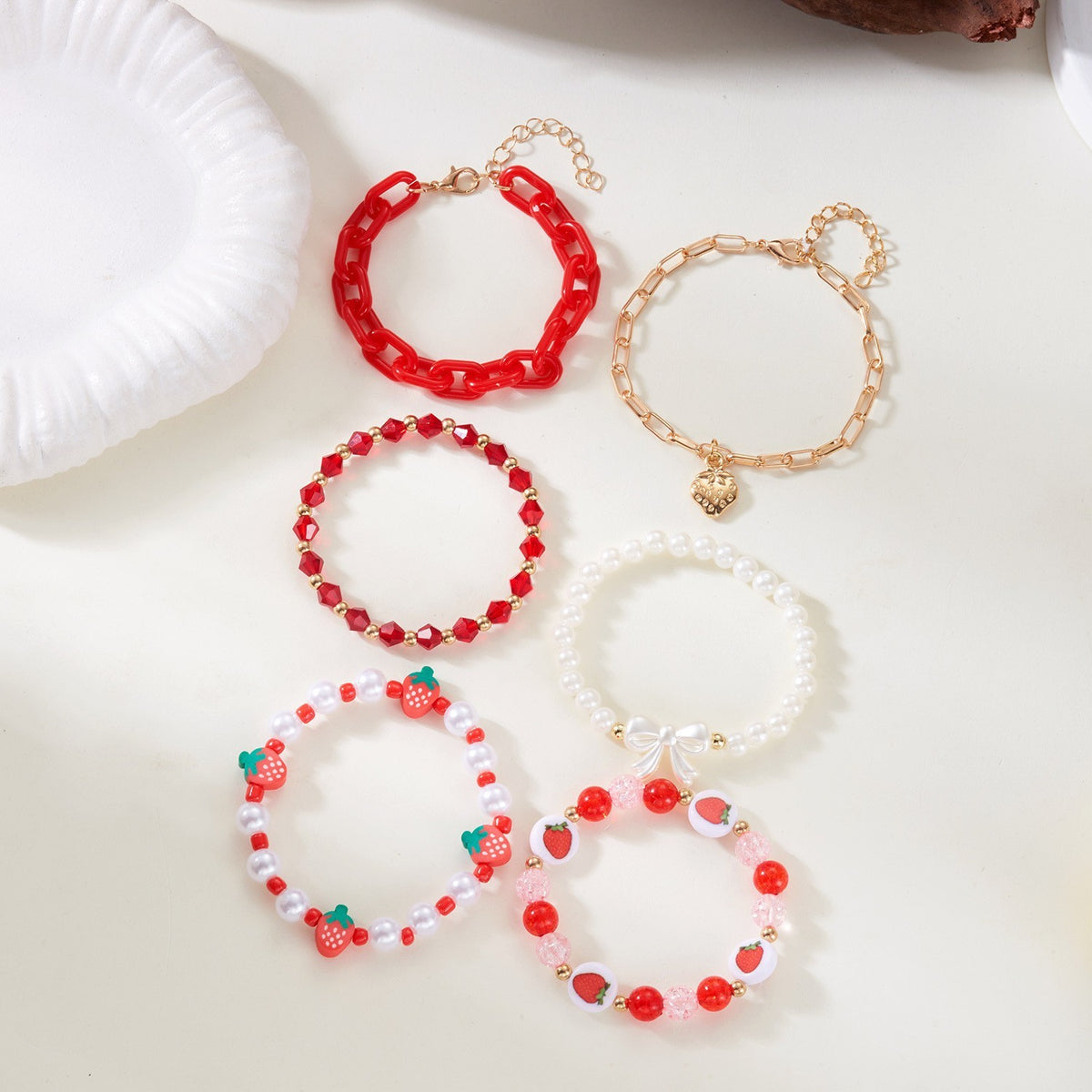 Romantic Red Cherry Beaded Bracelet Set