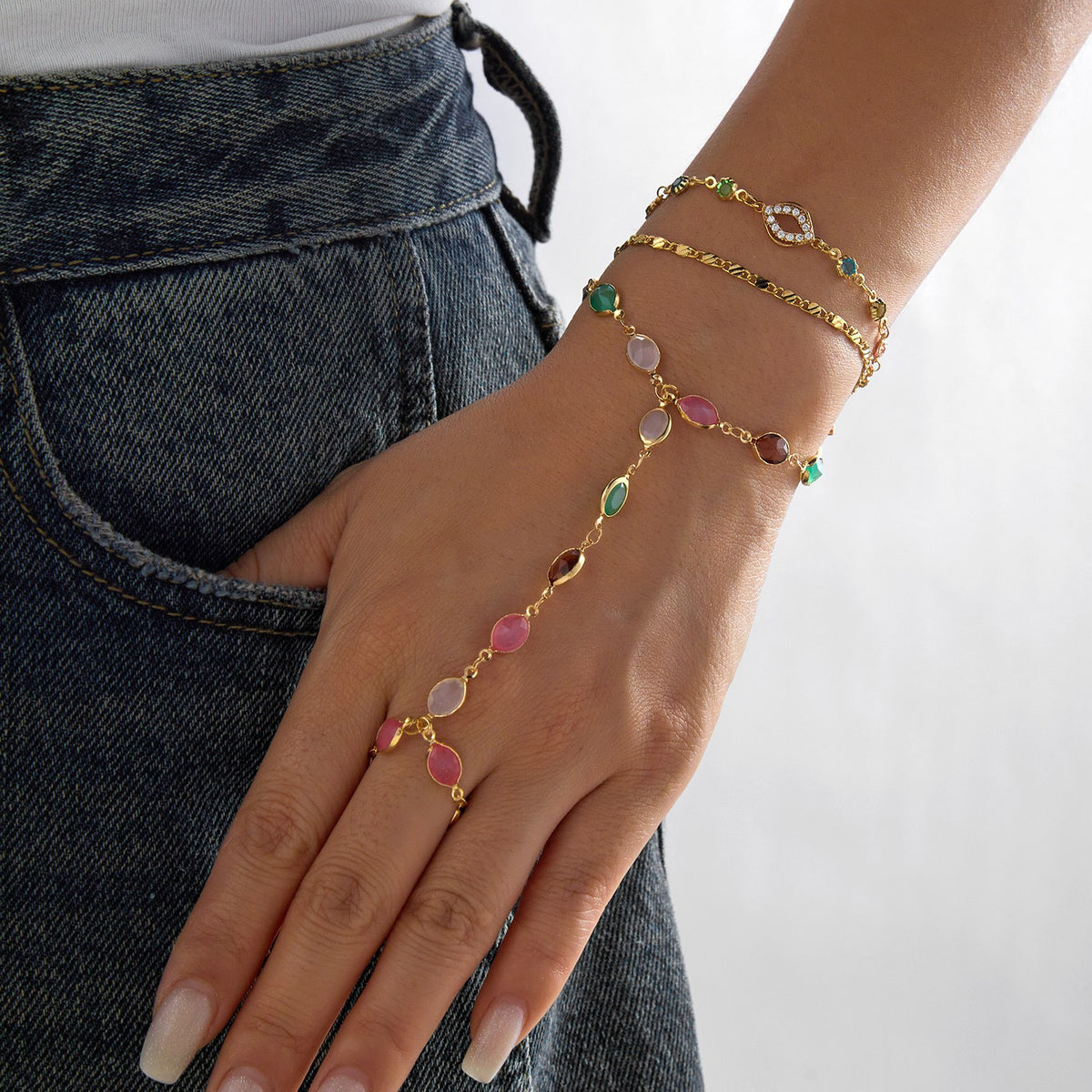 Classy Multicolor Gemstone Hand Chain Bracelet