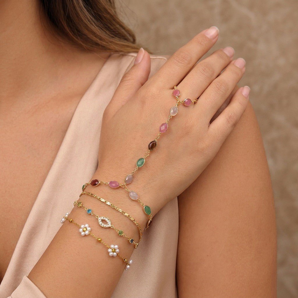 Classy Multicolor Gemstone Hand Chain Bracelet