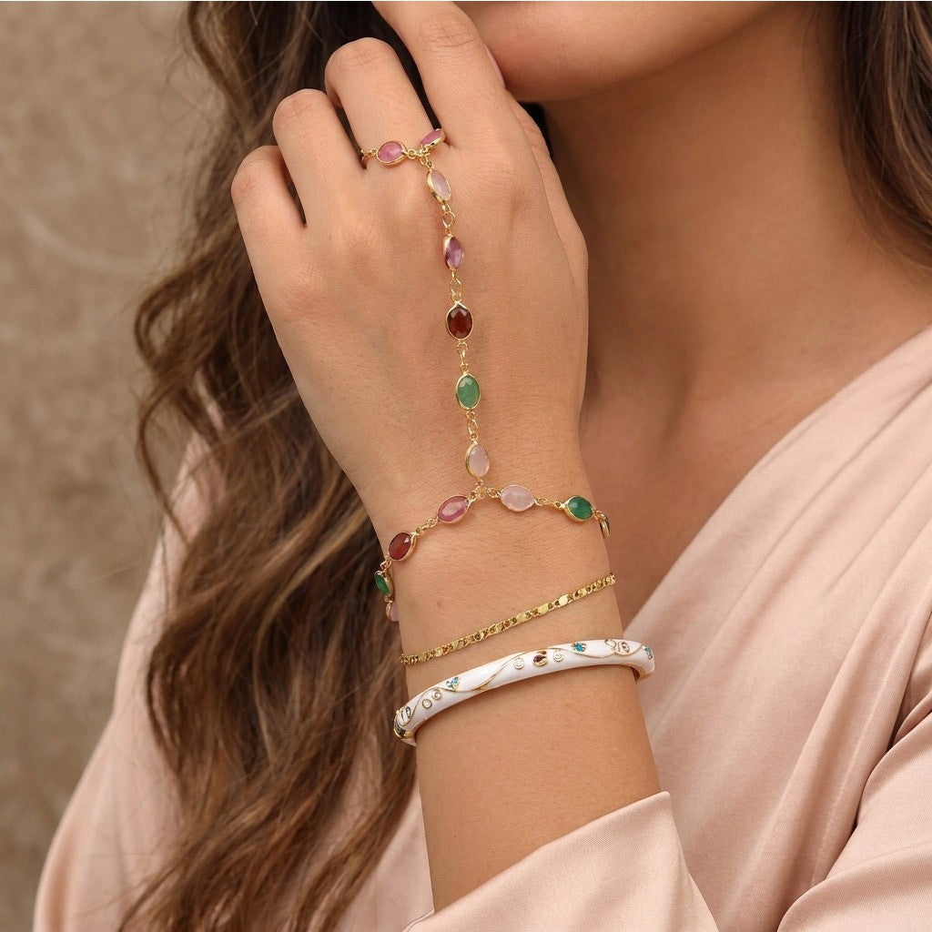 Classy Multicolor Gemstone Hand Chain Bracelet