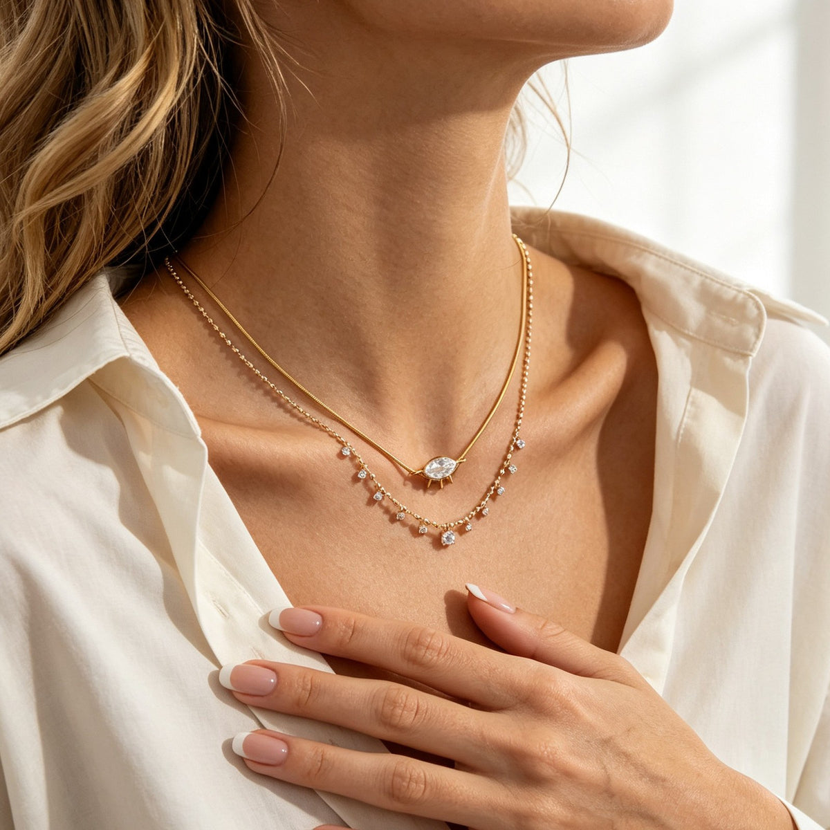 2pc Dainty Marquise Beaded Layered Necklace