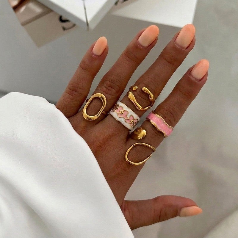 Classy Pink Enamel Floral Ring Set