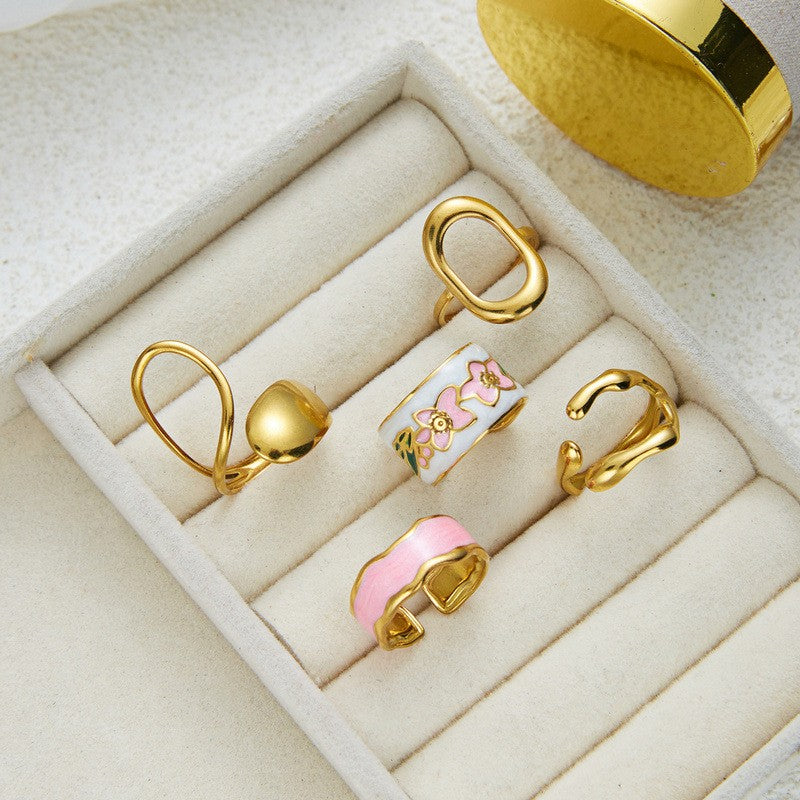 Classy Pink Enamel Floral Ring Set