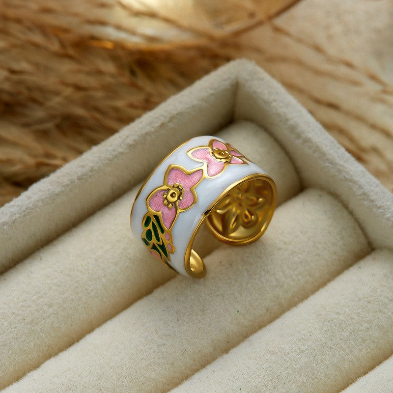Classy Pink Enamel Floral Ring Set