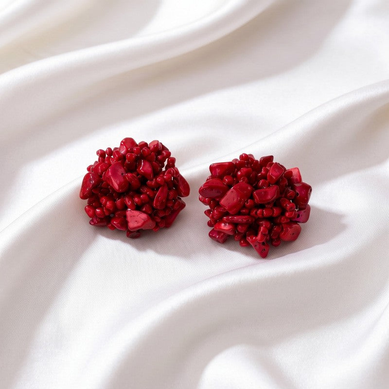 Romantic Red Beaded Flower Cluster Stud Earrings