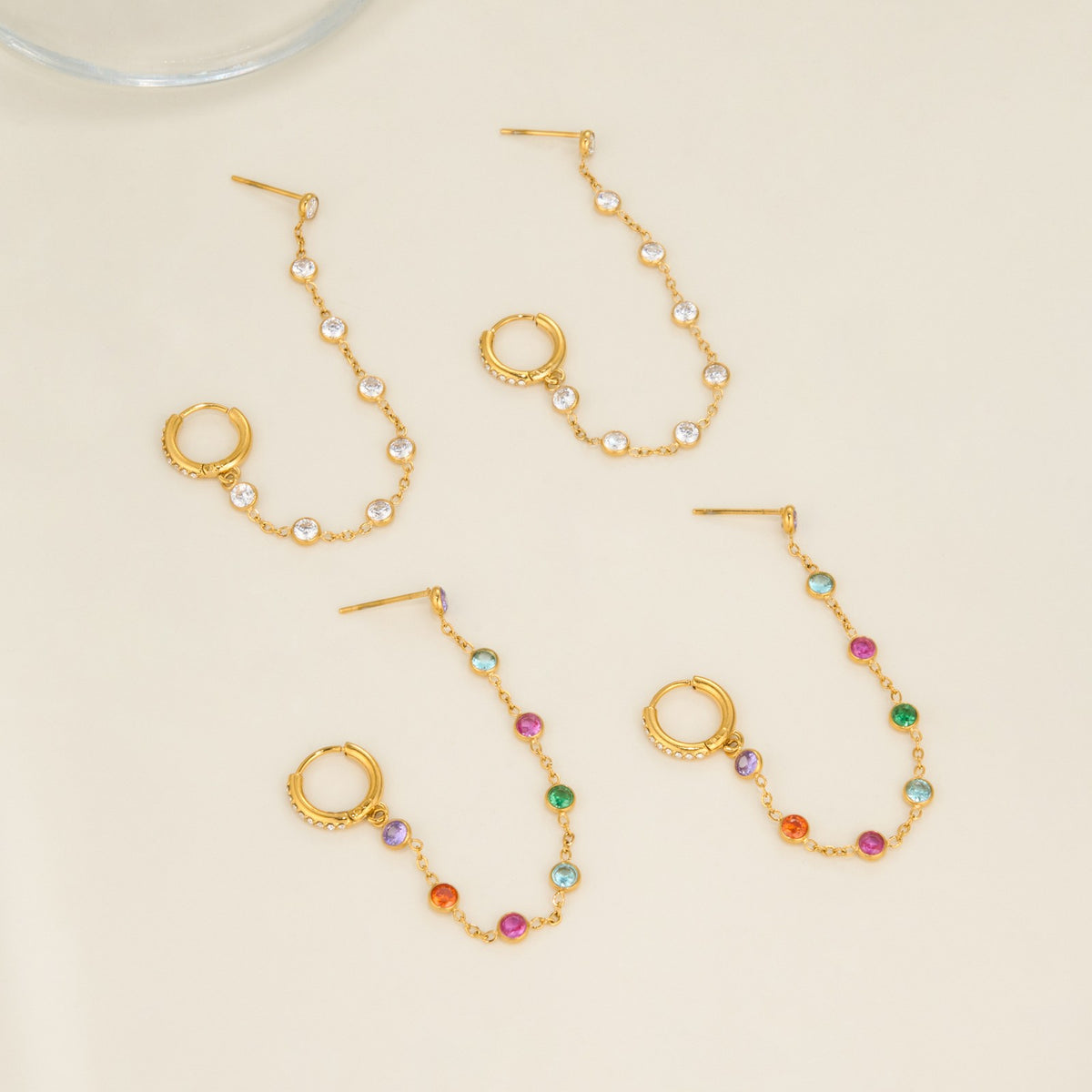 18k Dainty Multicolor CZ Chain Earrings