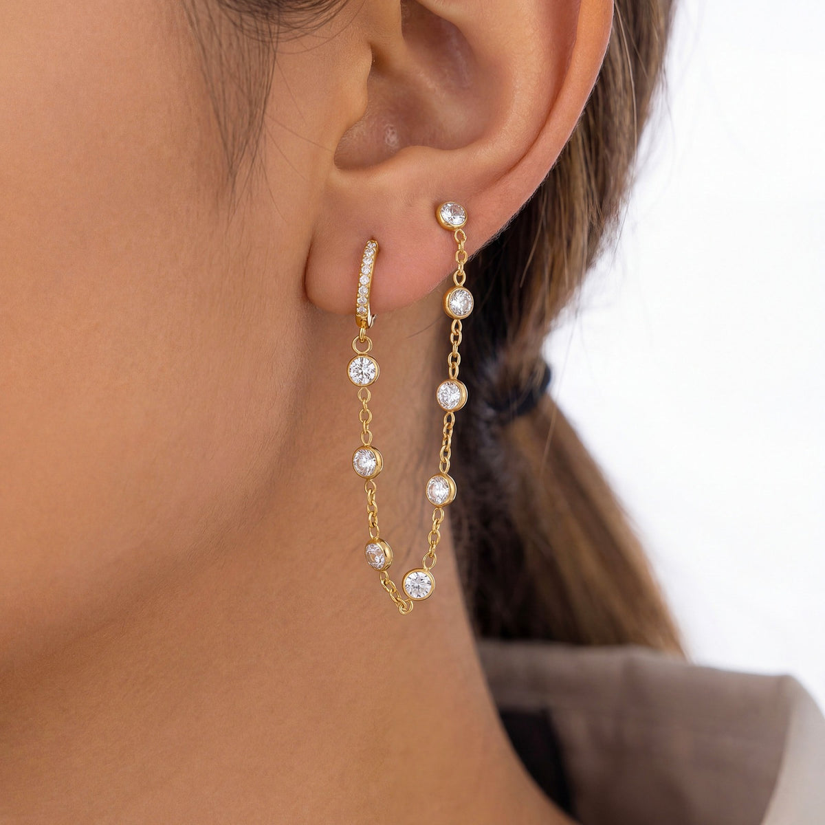 18k Dainty Multicolor CZ Chain Earrings