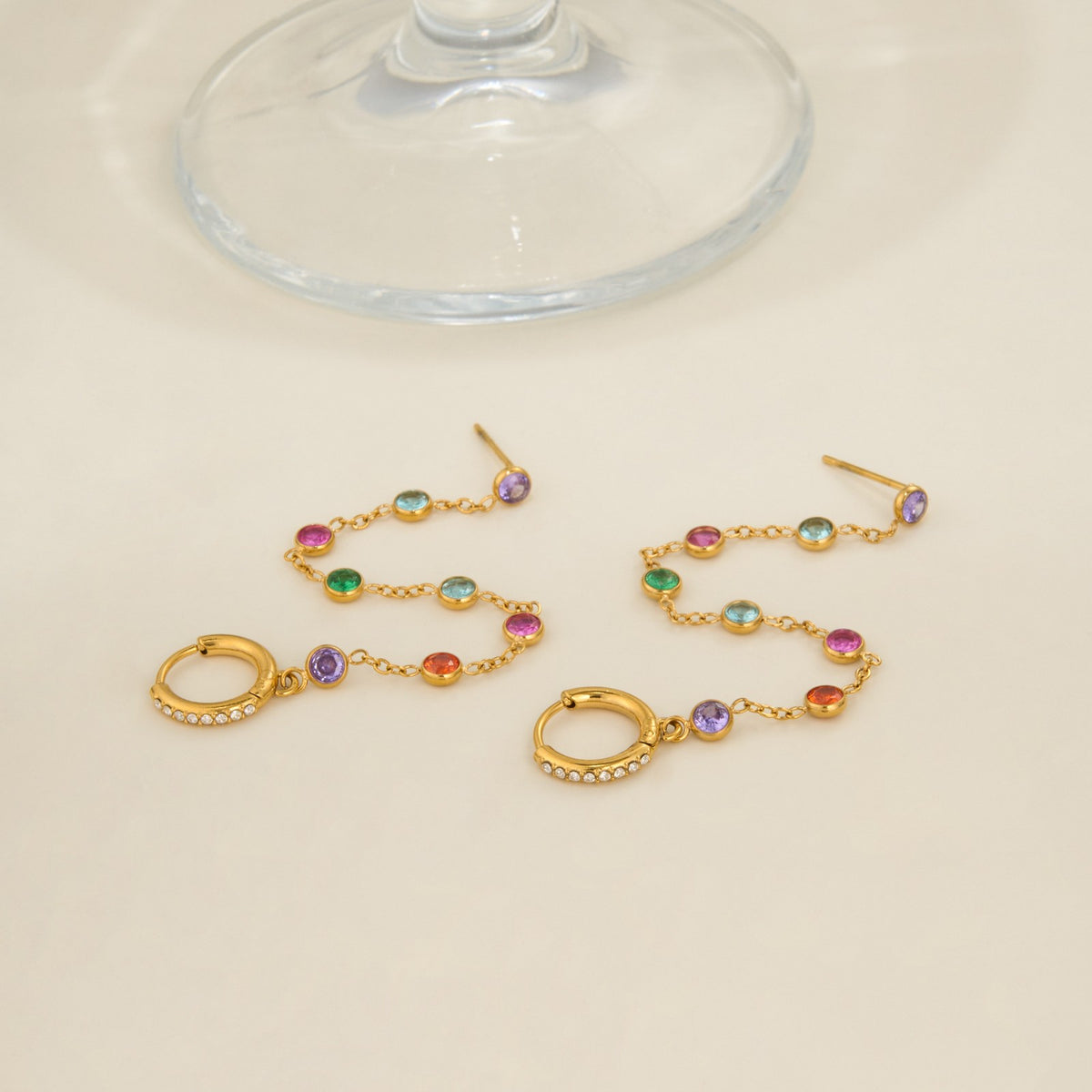 18k Dainty Multicolor CZ Chain Earrings