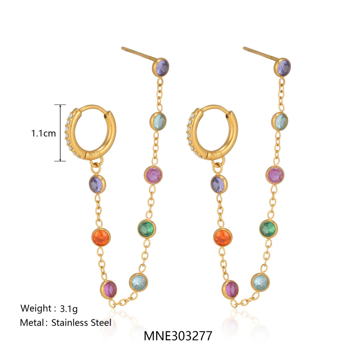 18k Dainty Multicolor CZ Chain Earrings