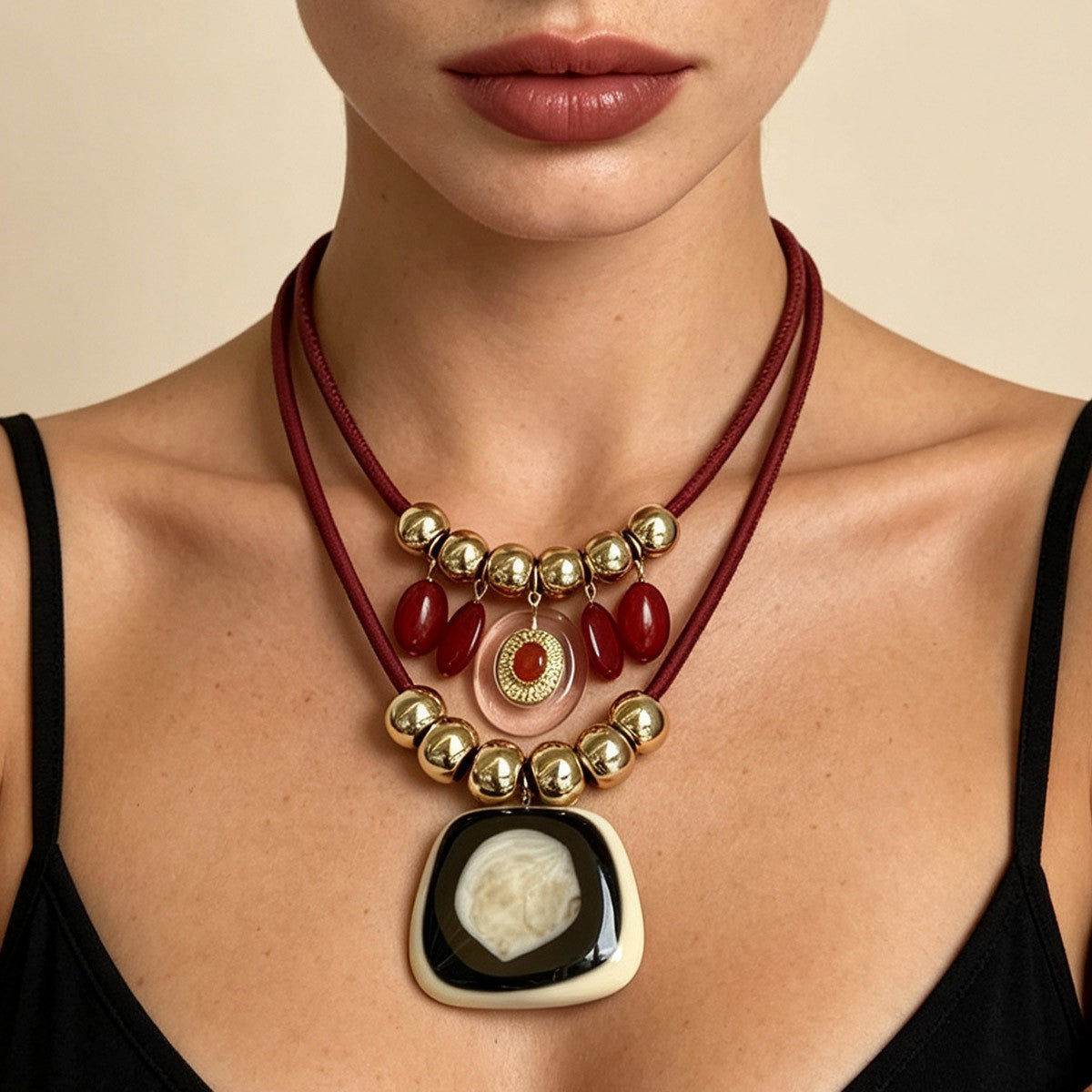 Vintage Wine Red Resin Pendant Necklace