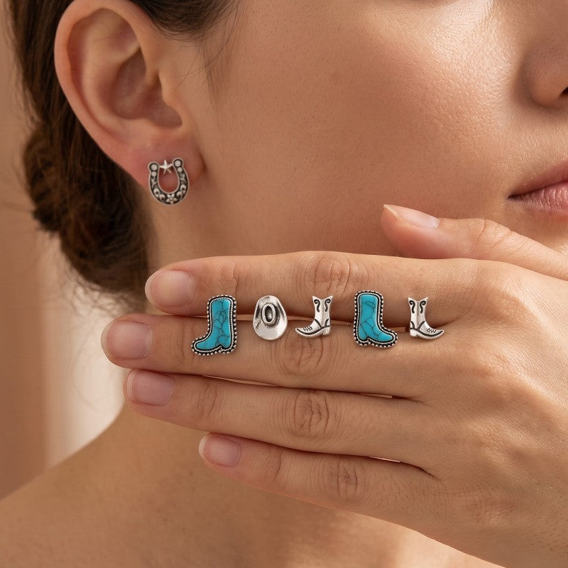 Vintage Turquoise Cowboy Boot & Horseshoe Stud Earring Set