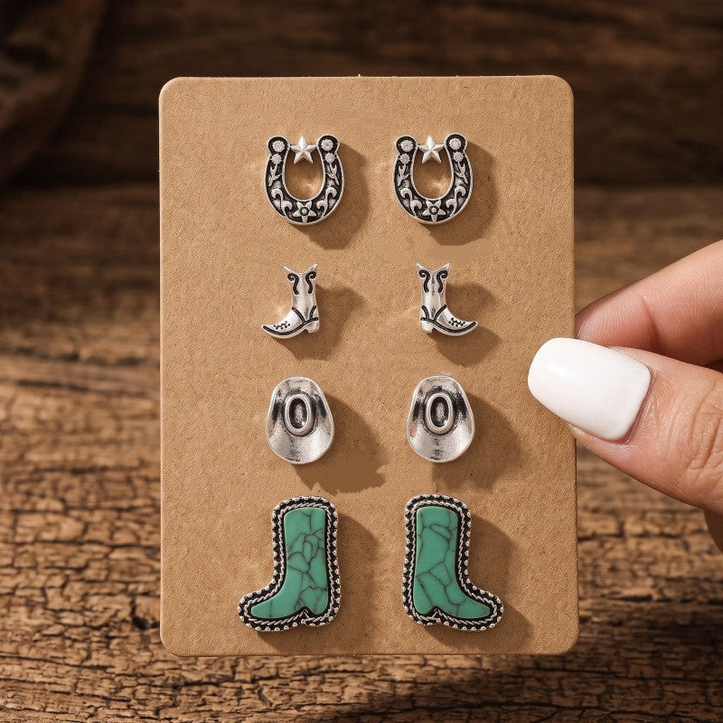 Vintage Turquoise Cowboy Boot & Horseshoe Stud Earring Set