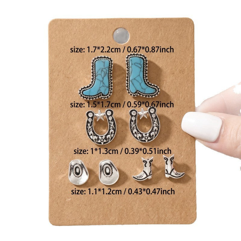 Vintage Turquoise Cowboy Boot & Horseshoe Stud Earring Set