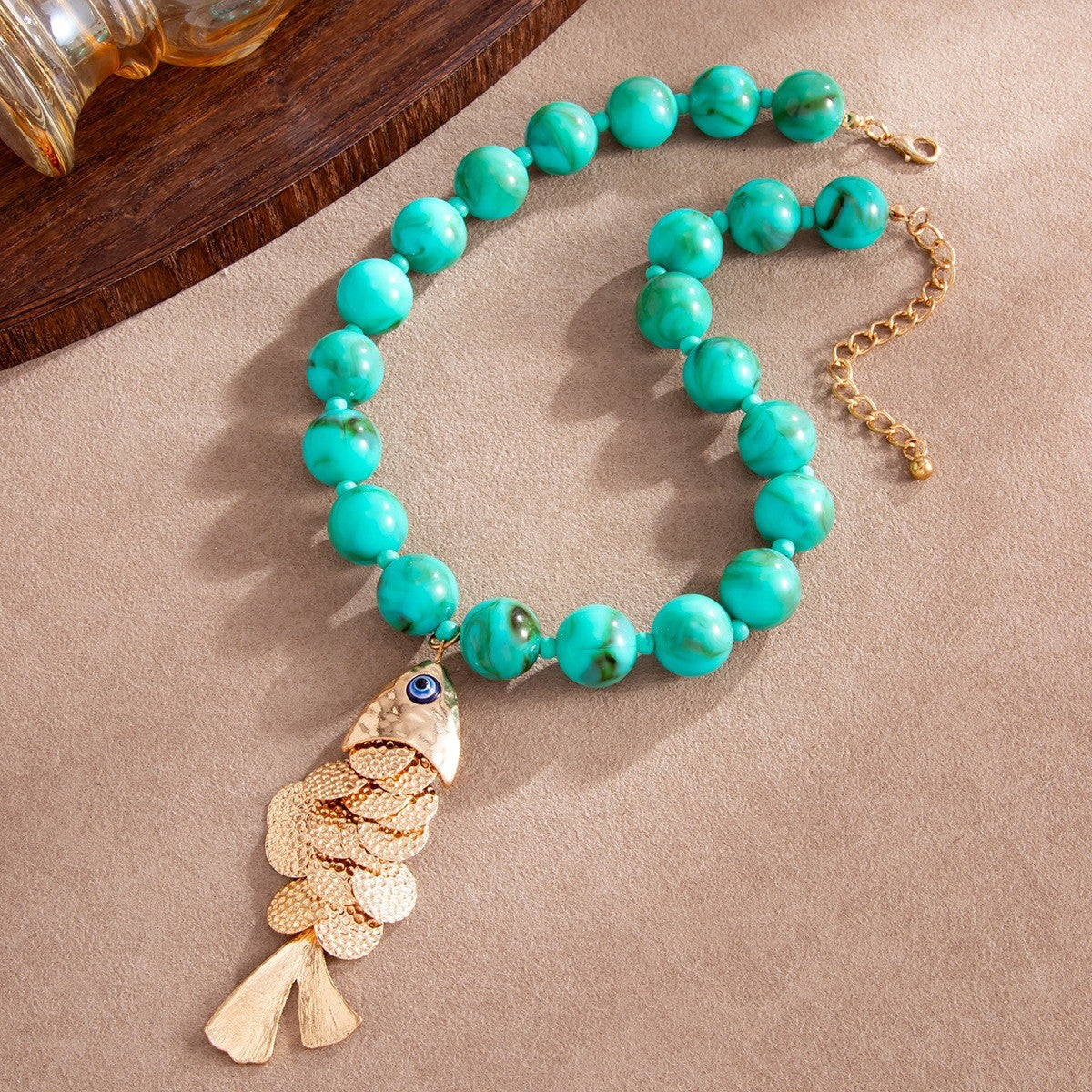 Boho Faux Turquoise Fish Pendant Necklace
