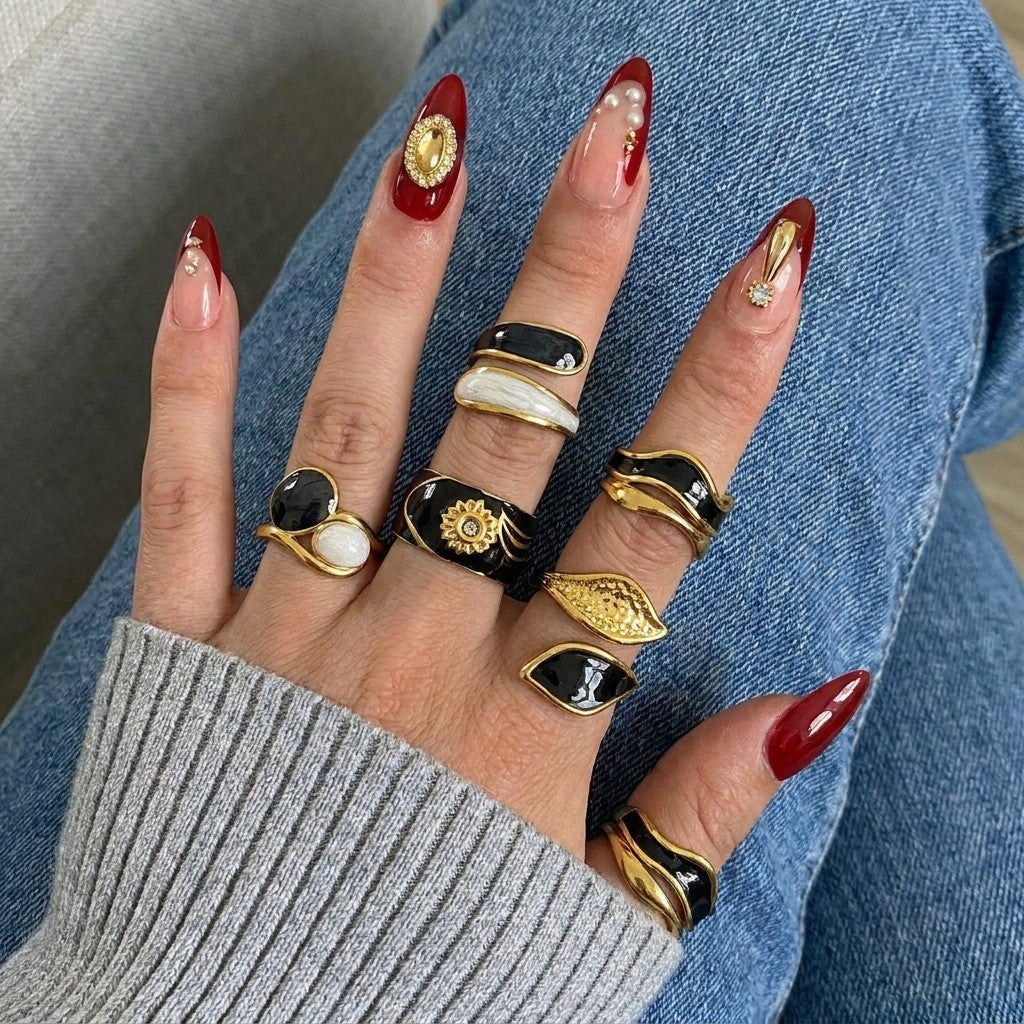 Classy Black Enamel Geometric Ring Set