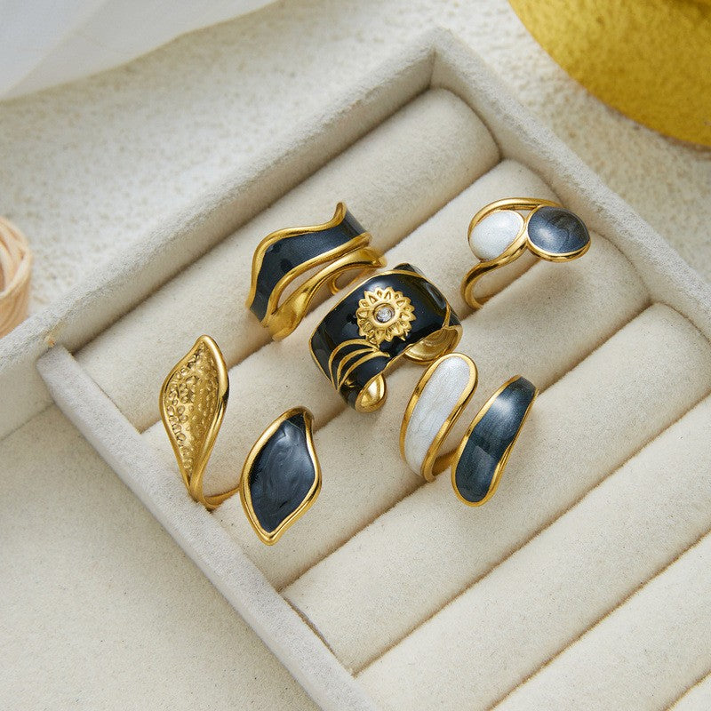 Classy Black Enamel Geometric Ring Set