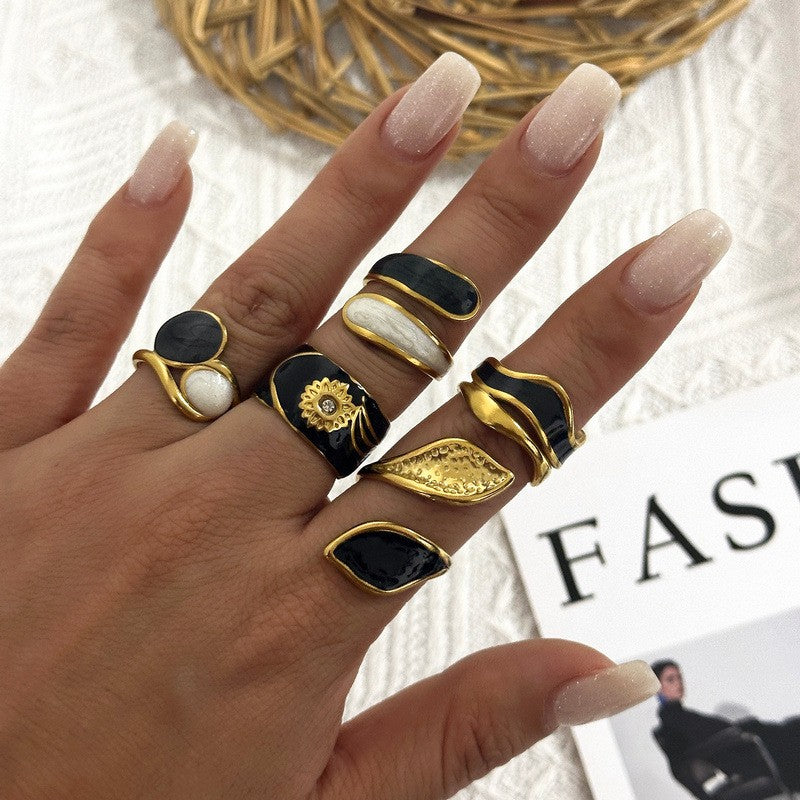 Classy Black Enamel Geometric Ring Set