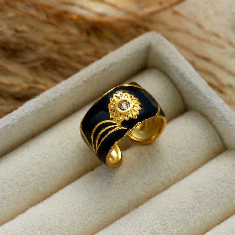 Classy Black Enamel Geometric Ring Set
