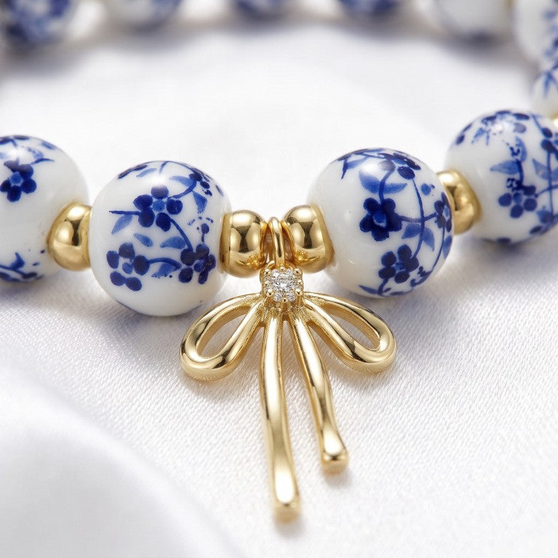 Dainty Blue Porcelain Bow Bracelet
