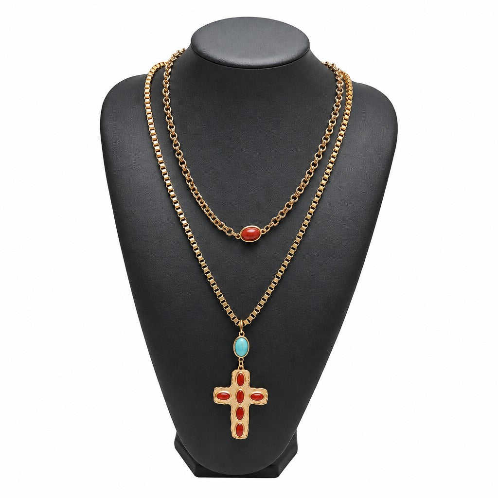 Boho Red Cross Necklace & Earring Set