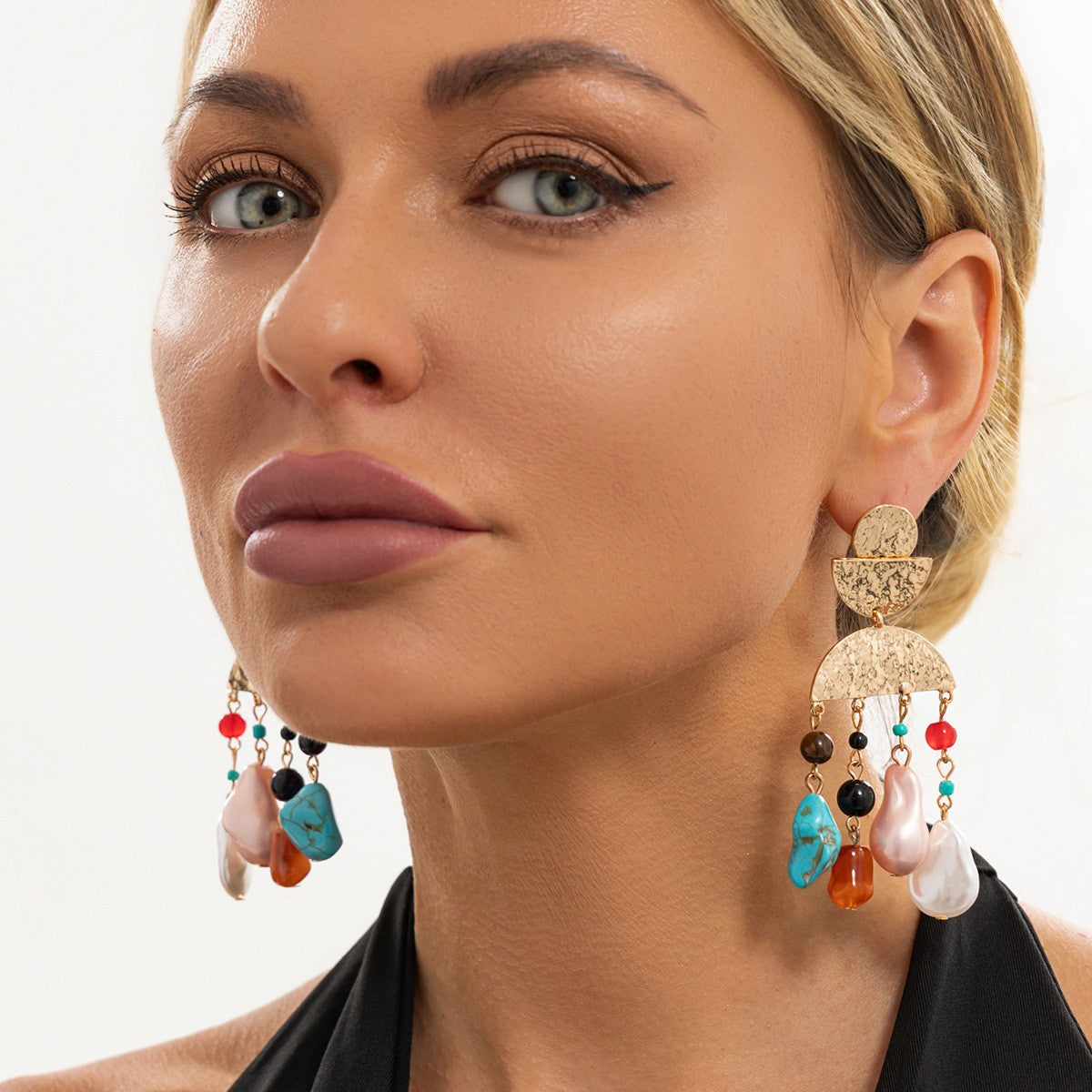 Boho Hammered Geometric Stone Drop Earrings