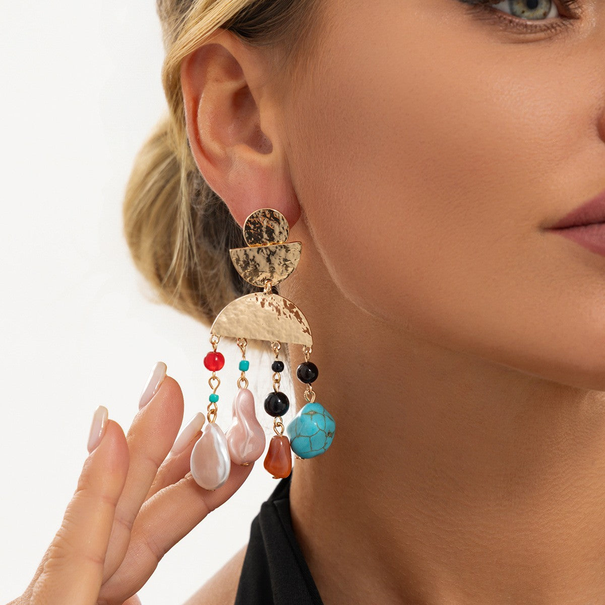 Boho Hammered Geometric Stone Drop Earrings