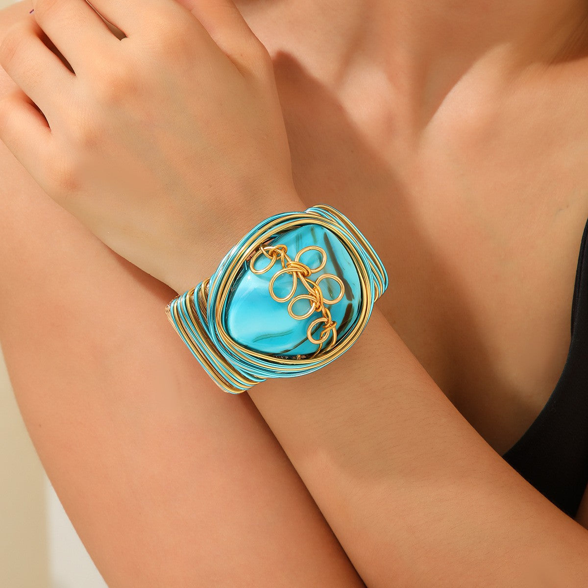 Statement Teal Wire Wrapped Resin Cuff Bracelet