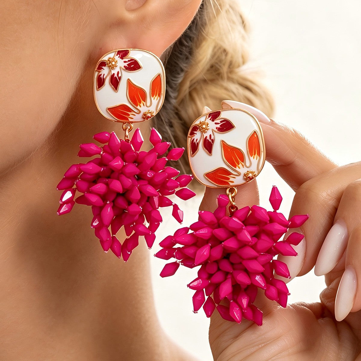 Statement Enamel Flower Fuchsia Bead Earrings