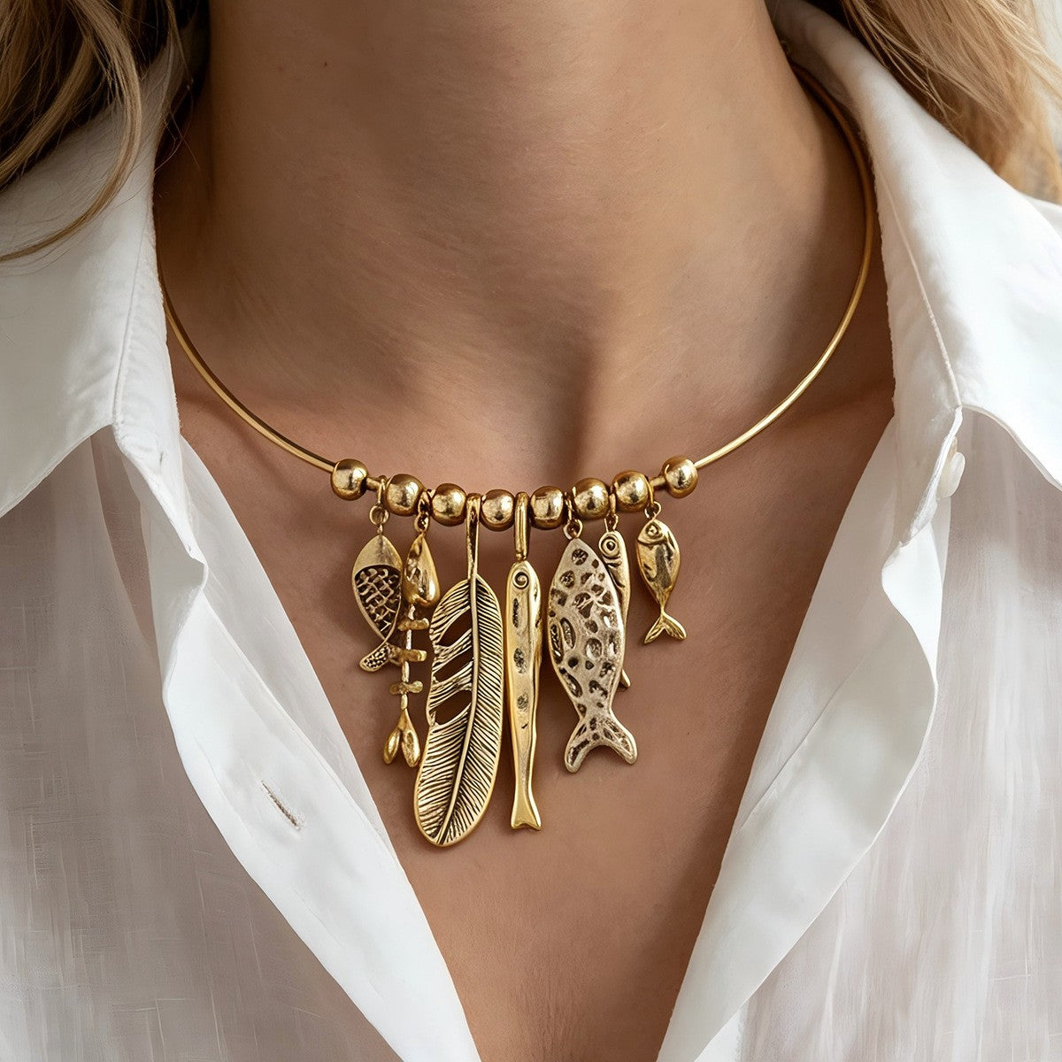 Boho Fish & Feather Charm Collar Necklace