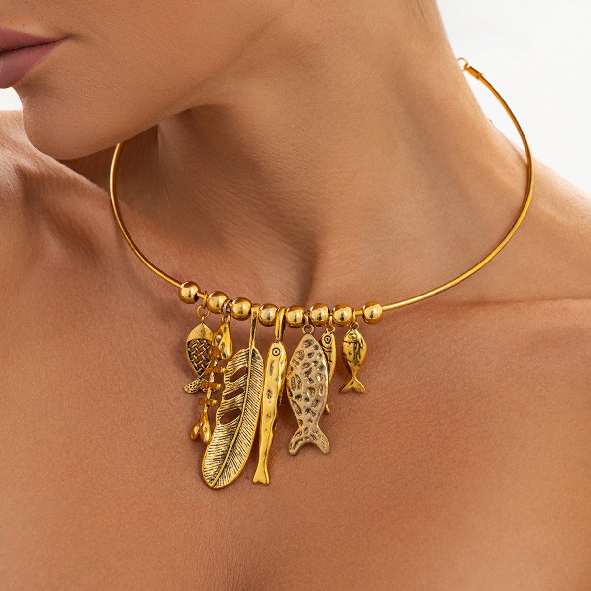 Boho Fish & Feather Charm Collar Necklace