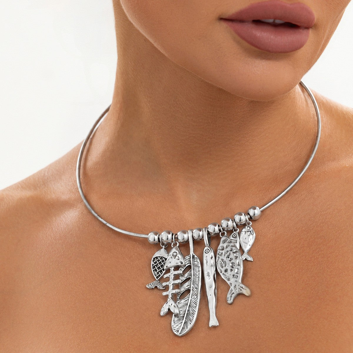 Boho Fish & Feather Charm Collar Necklace