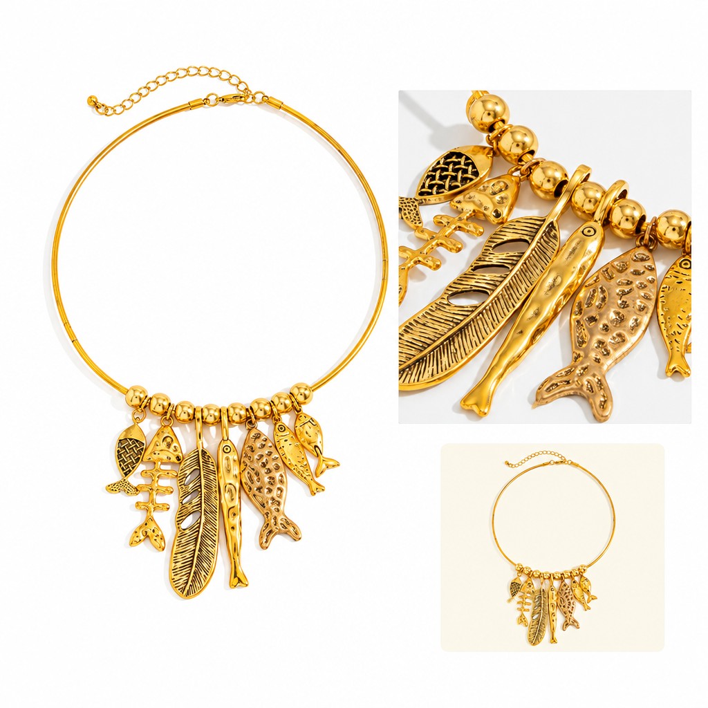 Boho Fish & Feather Charm Collar Necklace