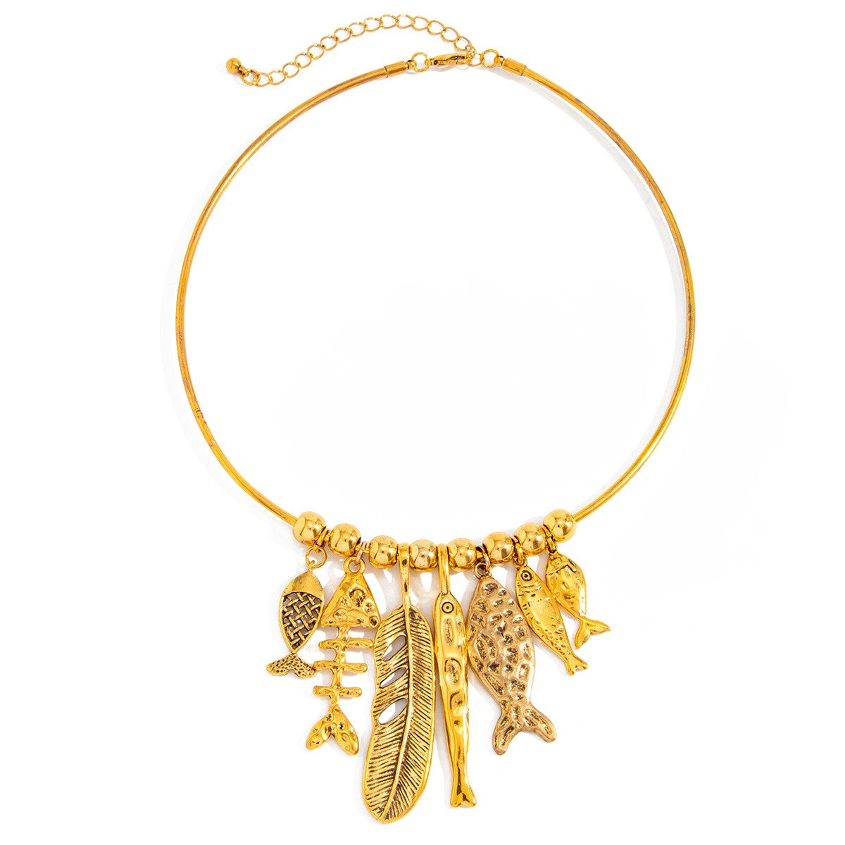 Boho Fish & Feather Charm Collar Necklace