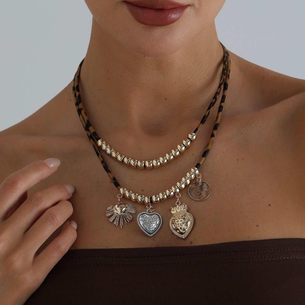 Boho Leopard Print Layered Charm Necklace