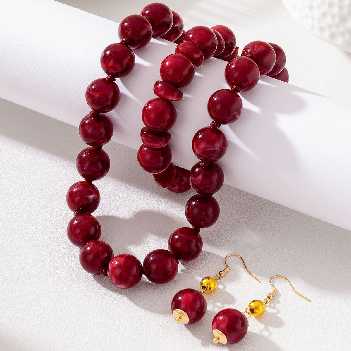 Elegant Burgundy Bead Necklace, Bracelet & Earring Set