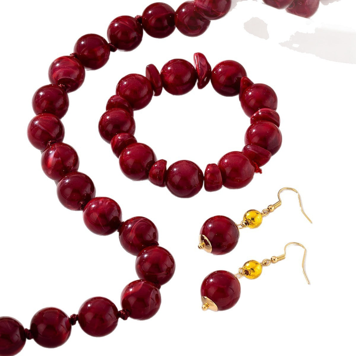 Elegant Burgundy Bead Necklace, Bracelet & Earring Set