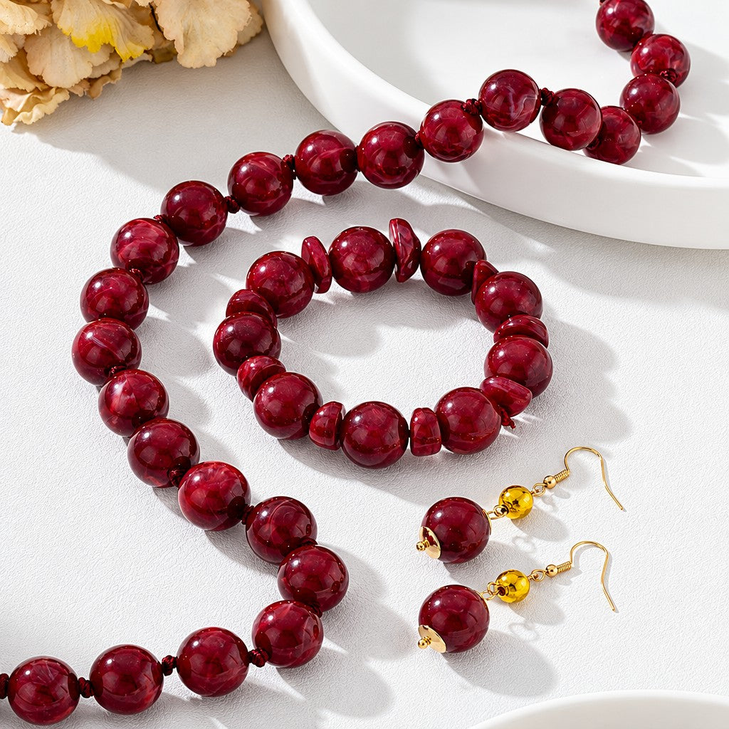 Elegant Burgundy Bead Necklace, Bracelet & Earring Set