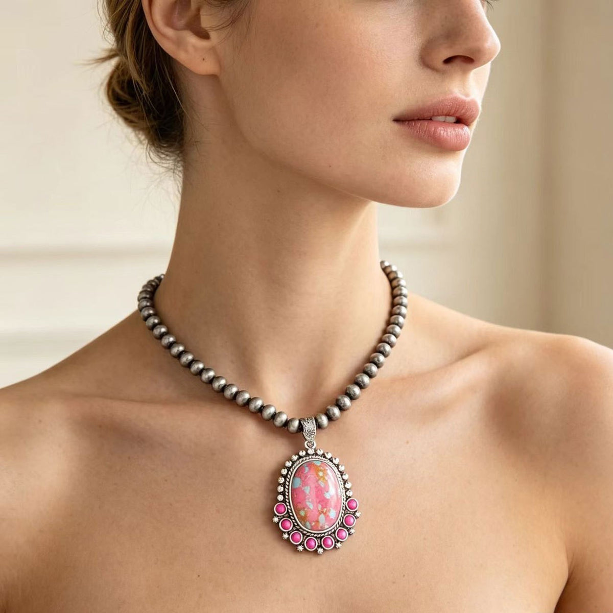 Vintage Pink Mosaic Beaded Necklace