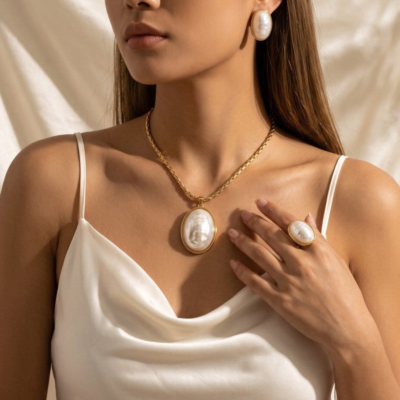 3pc Classy Oval Faux Pearl Necklace, Earring & Ring Set