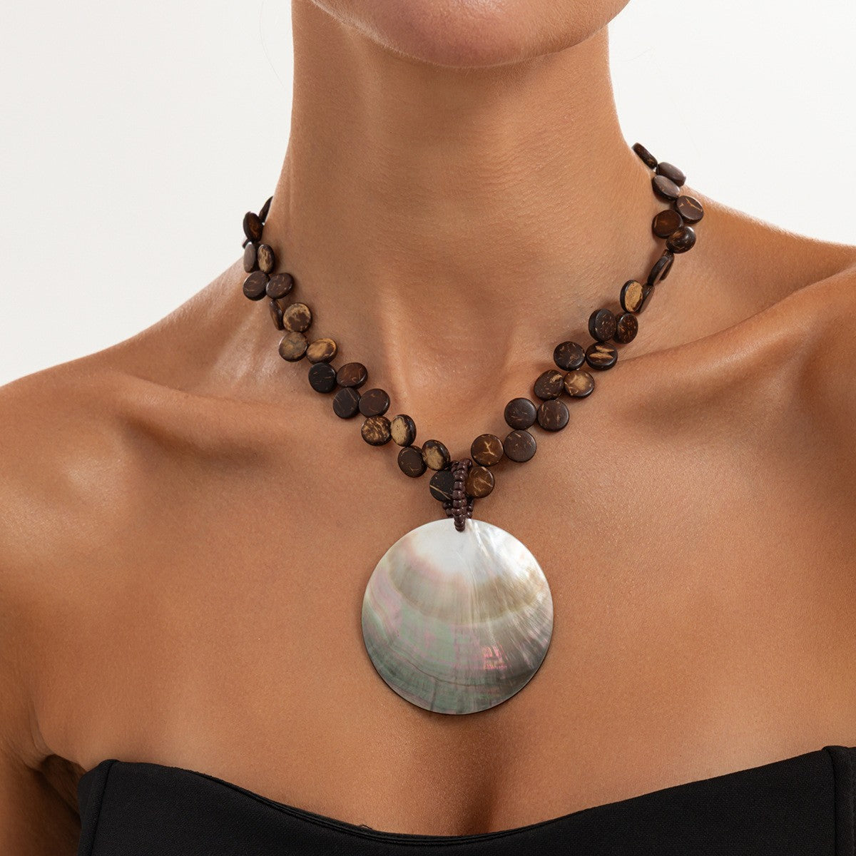 Boho Iridescent Shell Disc Necklace