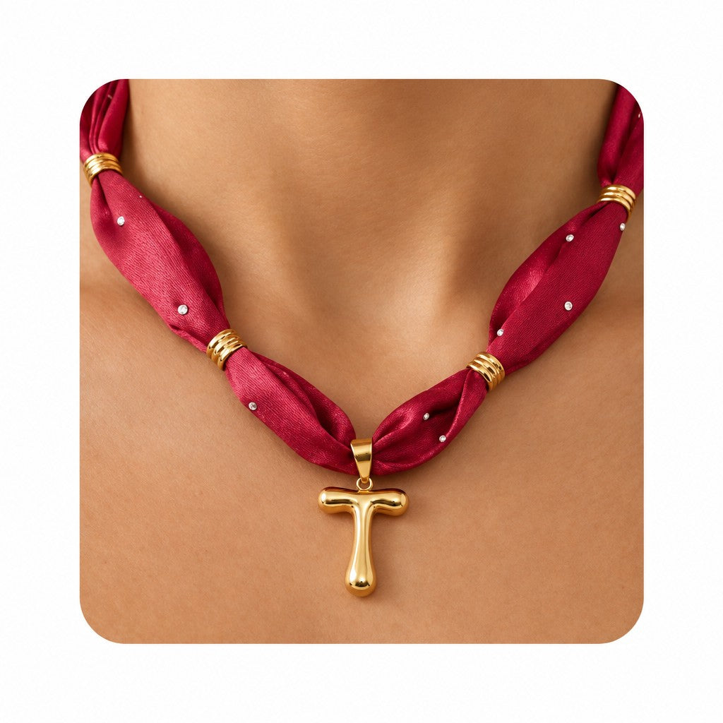 Elegant Burgundy Scarf Initial Necklace