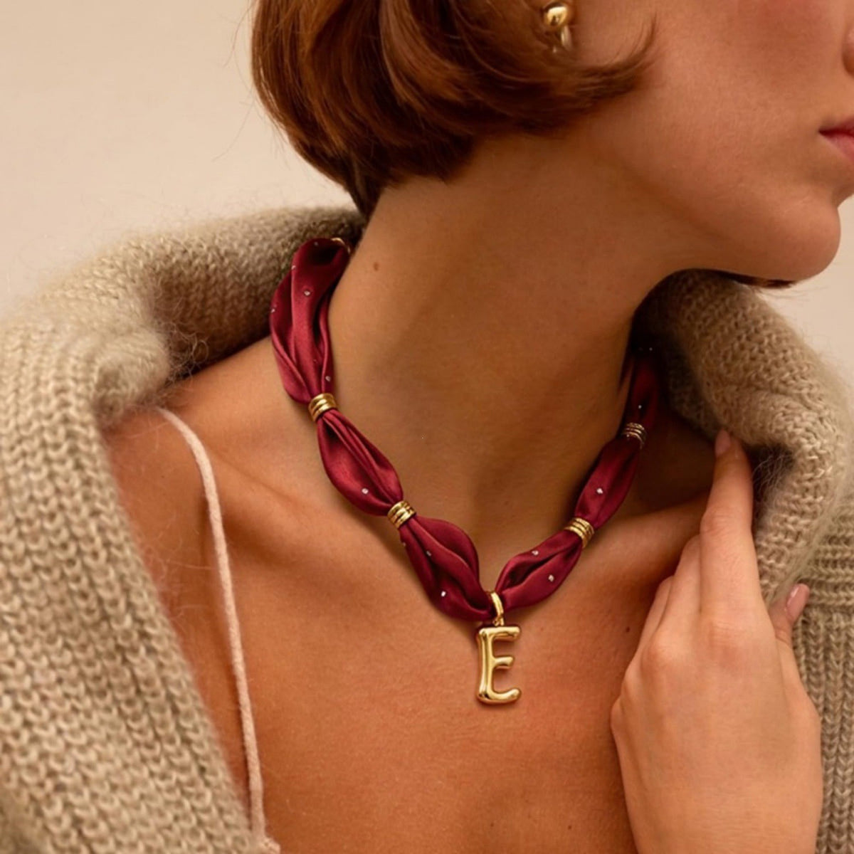 Elegant Burgundy Scarf Initial Necklace