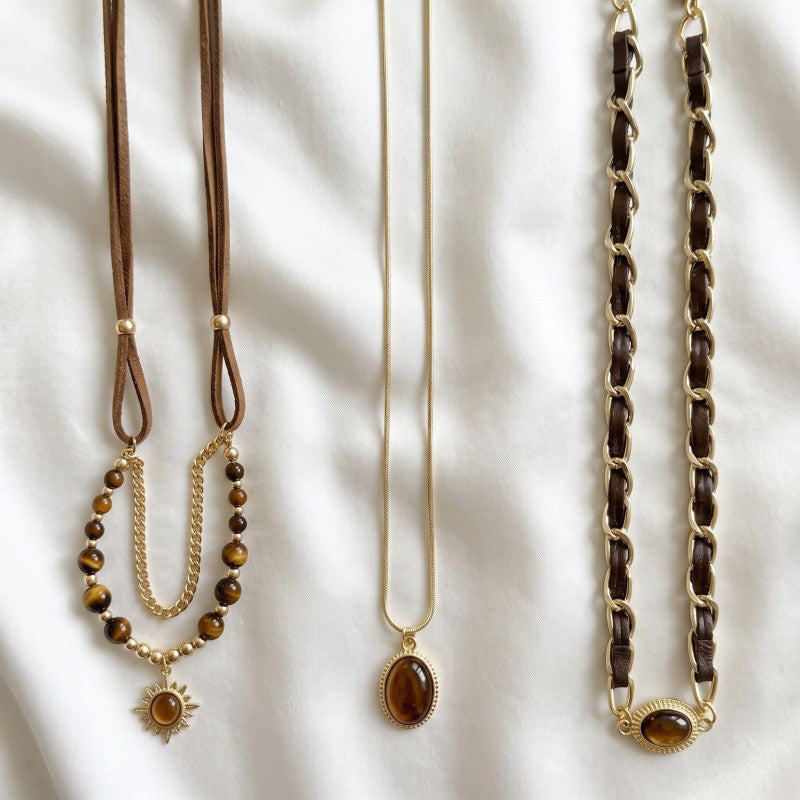 Boho Tiger Eye Sun & Bead Layered Necklace